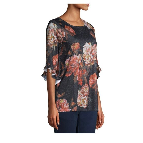 Time & Tru Ladies 3/4 Ruffle Sleeve Floral Flowy Sublimation Top SZ Medium - Picture 5 of 7